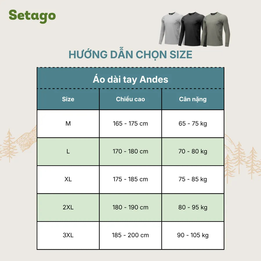 bang-size-ao-dai-tay-andes-setago - Setago Travel & Outdoor