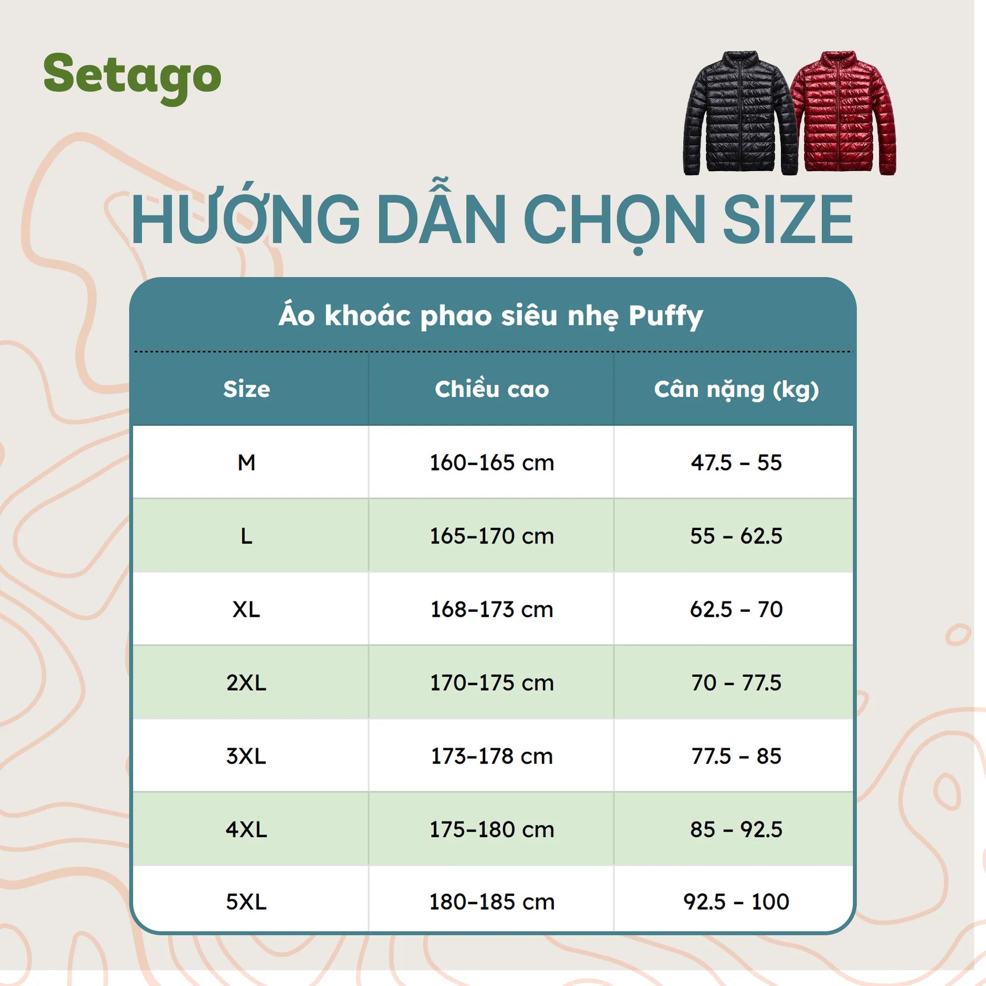 bang-size-ao-khoac-phao-sieu-nhe-puffy-setago - Setago Travel & Outdoor